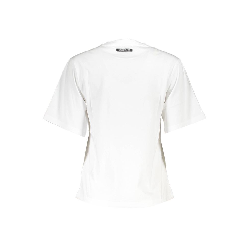 T-Shirt by Cavalli Class for women in cotton white & print features an edgy silhouette, meticulously detailed with a sophisticated and for a truly edgy finish.