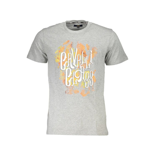 T-Shirt by Cavalli Class for men in cotton brown, gray & print showcases a chic silhouette, artfully detailed with a chic crew neckline and short-sleeve for a chic finish.