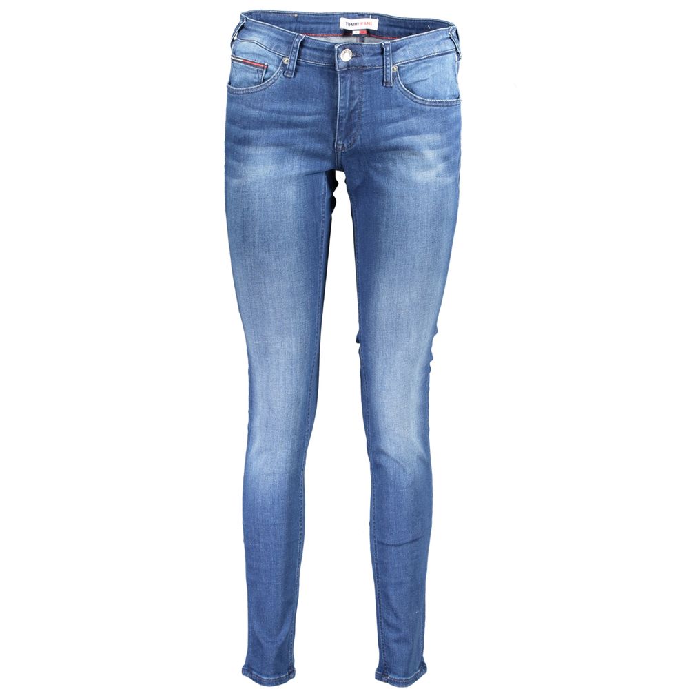 Pants by Tommy Hilfiger for women in stretch denim cotton blue features a utilitarian skinny with a utilitarian long and low rise to create a sophisticated, premium look.