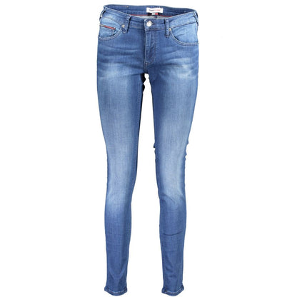 Pants by Tommy Hilfiger for women in stretch denim cotton blue features a utilitarian skinny with a utilitarian long and low rise to create a sophisticated, premium look.