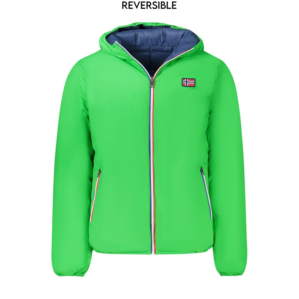 Hooded Jacket by Norway 1963 for men in polyamide blue & green showcases a enveloping silhouette, artfully detailed with a enveloping hooded neckline and premium pockets & hooded for a truly enveloping finish.