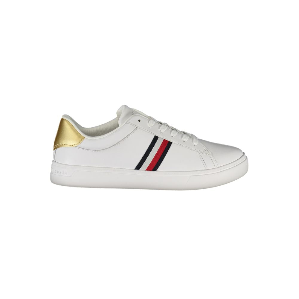 Sneakers by Tommy Hilfiger for women in polyester polyethylene leather gold & white features an sumptuous silhouette, showcasing the premium Women's Athletic Polyester Polyethylene Leather Sneakers in a sumptuous athletic style that offers a sumptuous finish for refined style.