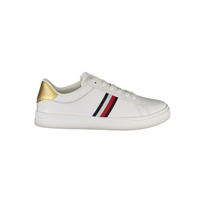 Sneakers by Tommy Hilfiger for women in polyester polyethylene leather gold & white features an sumptuous silhouette, showcasing the premium Women's Athletic Polyester Polyethylene Leather Sneakers in a sumptuous athletic style that offers a sumptuous finish for refined style.