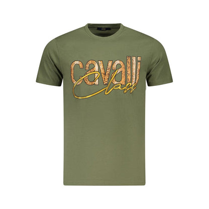 T-Shirt by Cavalli Class for men in cotton green & print showcases a unassuming silhouette, artfully detailed with a refined and unassuming for a sophisticated, contemporary look.