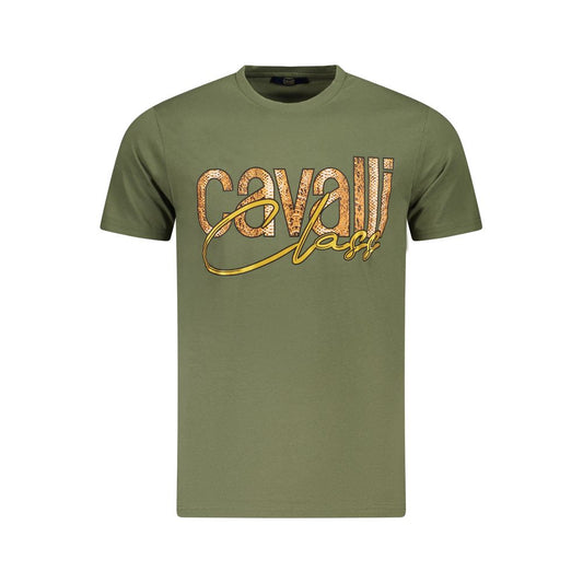 T-Shirt by Cavalli Class for men in cotton green & print showcases a unassuming silhouette, artfully detailed with a refined and unassuming for a sophisticated, contemporary look.