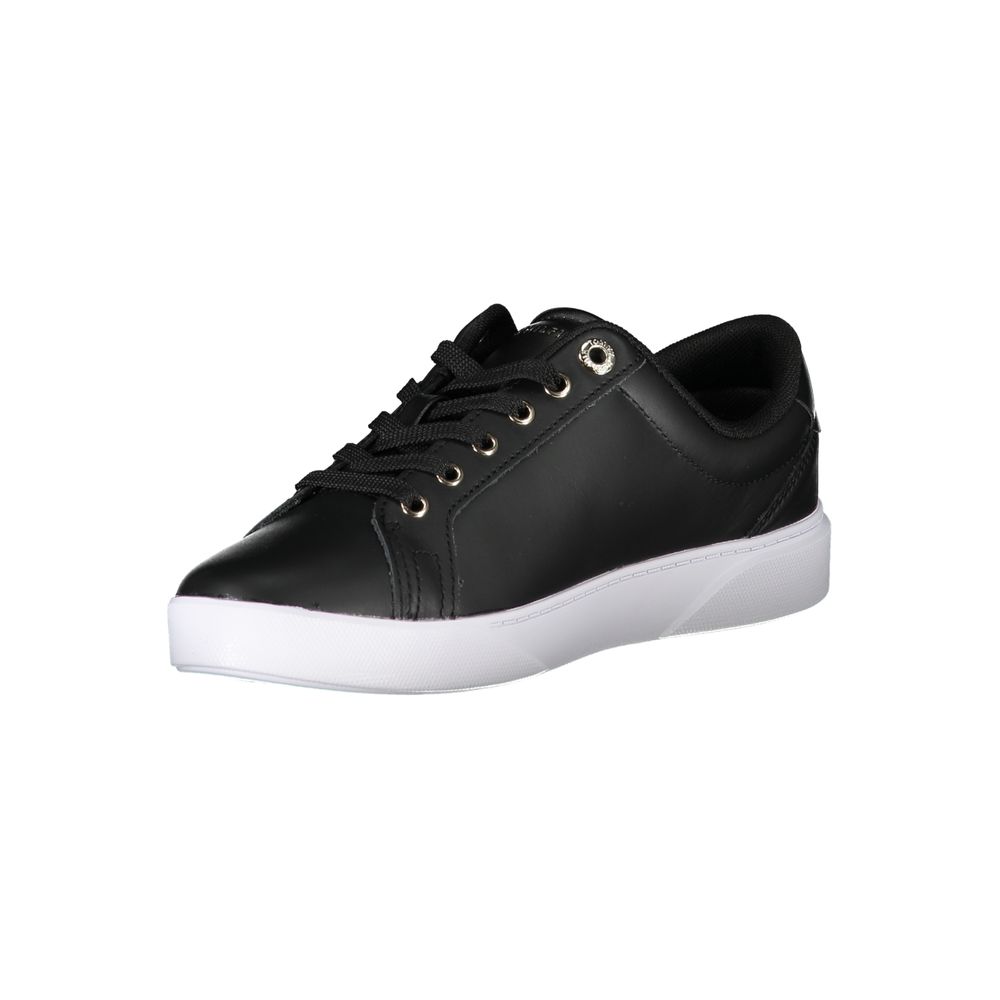 Sneakers by Tommy Hilfiger for women in polyester polyethylene leather black presents a sumptuous silhouette, artfully capturing the essence of the Women's Casual Polyester Polyethylene Leather Sneakers with its sumptuous casual style design.