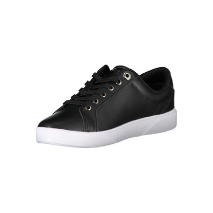 Sneakers by Tommy Hilfiger for women in polyester polyethylene leather black presents a sumptuous silhouette, artfully capturing the essence of the Women's Casual Polyester Polyethylene Leather Sneakers with its sumptuous casual style design.