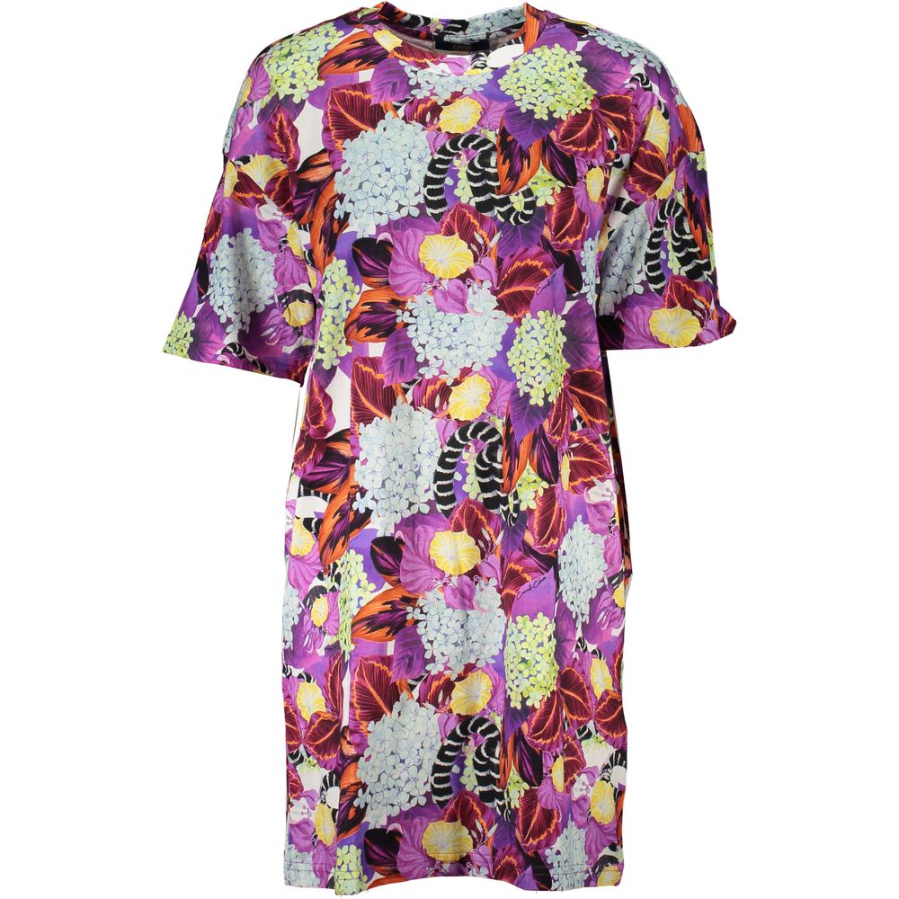 Dress by Cavalli Class for women in cotton purple & patterned features a dramatic silhouette, showcasing an elegant crew neckline and short-sleeve that flows into a dramatic short.