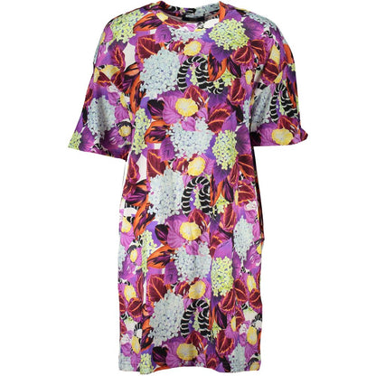 Dress by Cavalli Class for women in cotton purple & patterned features a dramatic silhouette, showcasing an elegant crew neckline and short-sleeve that flows into a dramatic short.