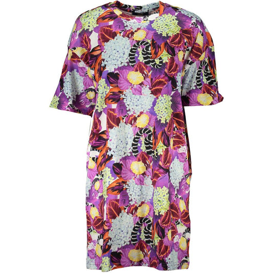 Dress by Cavalli Class for women in cotton purple & patterned features a dramatic silhouette, showcasing an elegant crew neckline and short-sleeve that flows into a dramatic short.