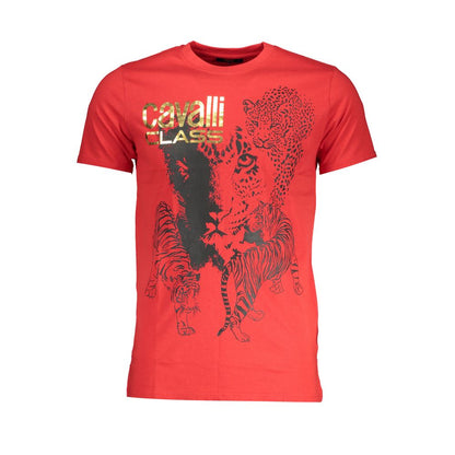 T-Shirt by Cavalli Class for men in cotton red & print showcases a fashionable silhouette, elegantly detailed with a fashionable short-sleeve and crew neckline for a sophisticated, high-fashion look.