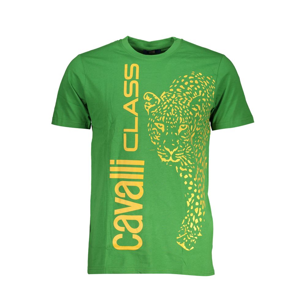 T-Shirt by Cavalli Class for men in cotton green & print showcases a chic silhouette, artfully detailed with a chic crew neckline and short-sleeve for a chic finish.