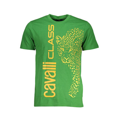 T-Shirt by Cavalli Class for men in cotton green & print showcases a chic silhouette, artfully detailed with a chic crew neckline and short-sleeve for a chic finish.
