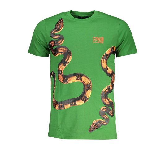 T-Shirt by Cavalli Class for men in cotton green & print showcases a fashionable silhouette, elegantly detailed with a fashionable short-sleeve and crew neckline for a sophisticated, high-fashion look.
