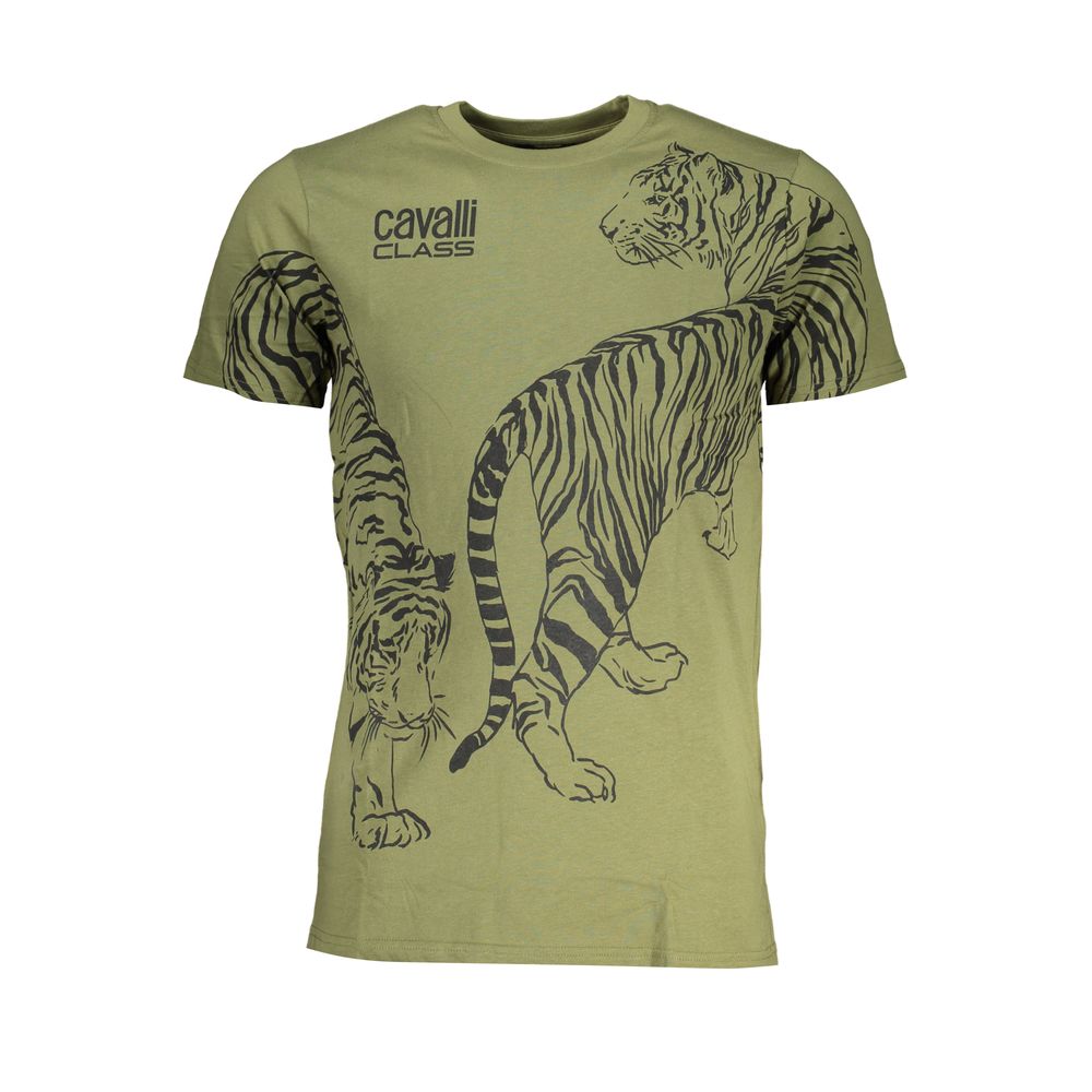 T-Shirt by Cavalli Class for men in cotton green & print showcases a unassuming silhouette, artfully detailed with a refined crew neckline and unassuming for a sophisticated, contemporary look.