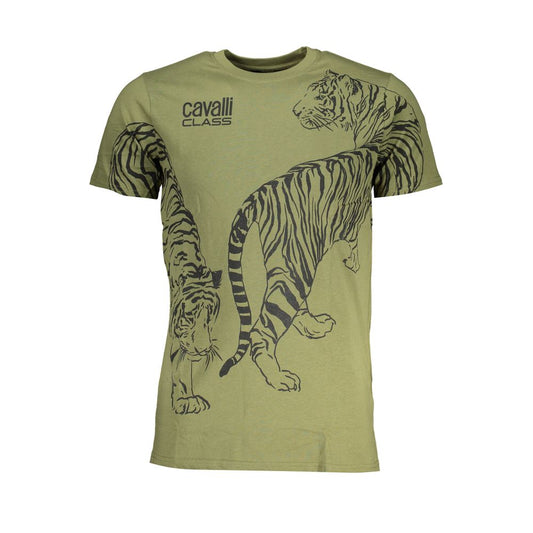 T-Shirt by Cavalli Class for men in cotton green & print showcases a unassuming silhouette, artfully detailed with a refined crew neckline and unassuming for a sophisticated, contemporary look.