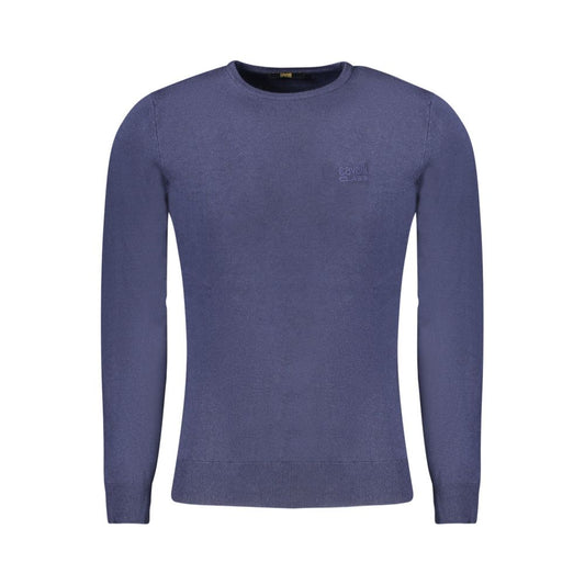 Sweater by Cavalli Class for men in polyamide polyester viscose blue showcases a discreet silhouette, finished with a discreet and for a discreet look.