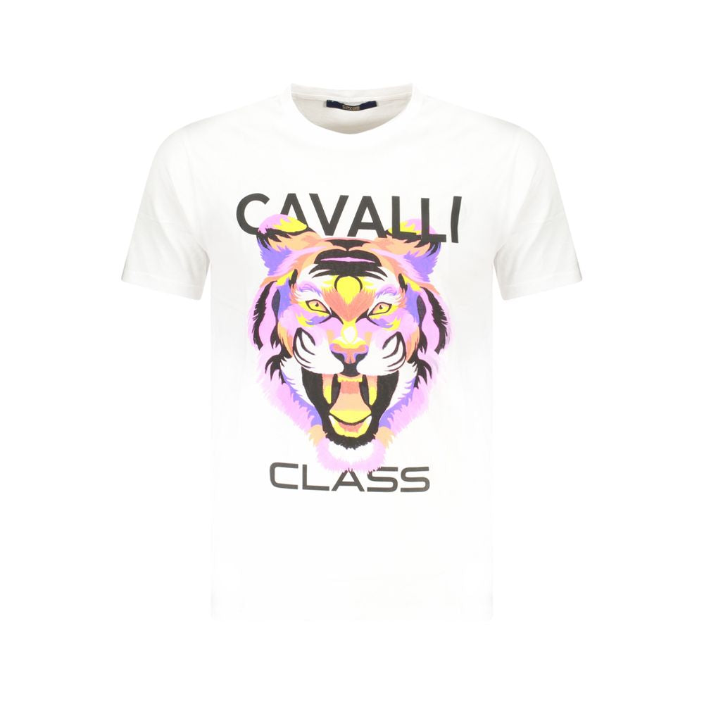T-Shirt by Cavalli Class for men in cotton white & print showcases a chic silhouette, artfully detailed with a chic crew neckline and short-sleeve for a chic finish.