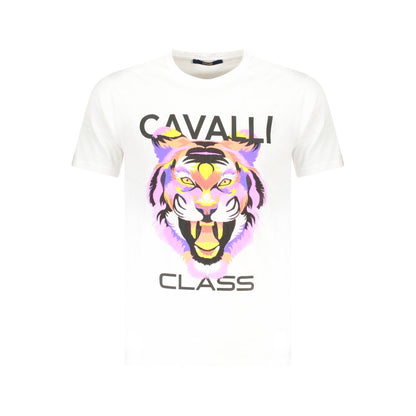 T-Shirt by Cavalli Class for men in cotton white & print showcases a chic silhouette, artfully detailed with a chic crew neckline and short-sleeve for a chic finish.