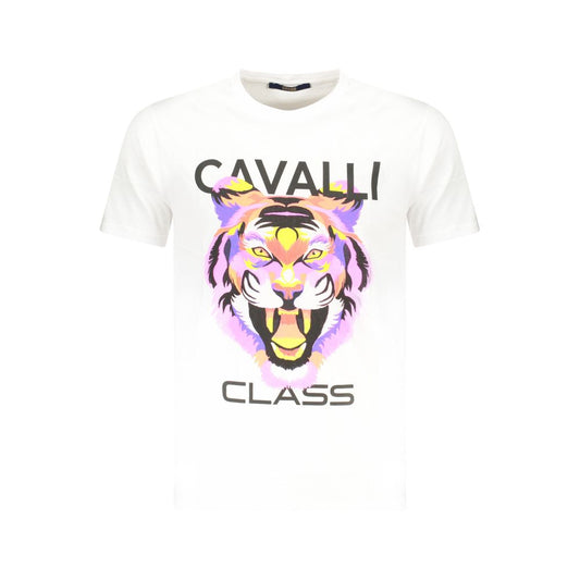 T-Shirt by Cavalli Class for men in cotton white & print showcases a chic silhouette, artfully detailed with a chic crew neckline and short-sleeve for a chic finish.