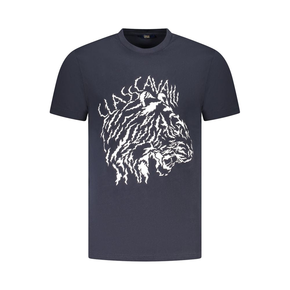 T-Shirt by Cavalli Class for men in cotton blue showcases a fashionable silhouette, elegantly detailed with a fashionable short-sleeve and crew neckline for a sophisticated, high-fashion look.