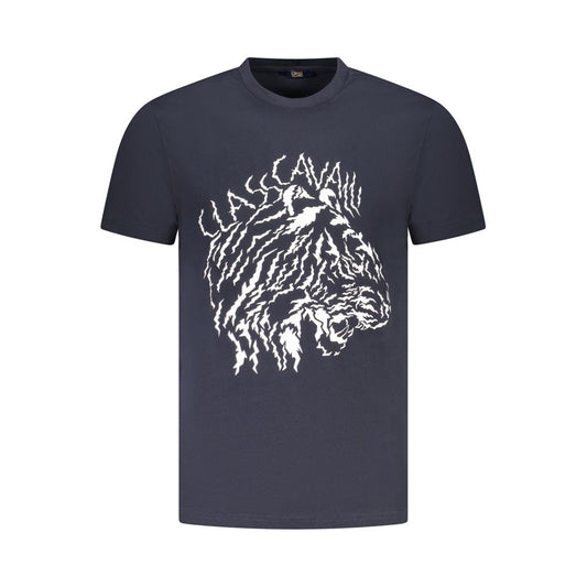 T-Shirt by Cavalli Class for men in cotton blue showcases a fashionable silhouette, elegantly detailed with a fashionable short-sleeve and crew neckline for a sophisticated, high-fashion look.