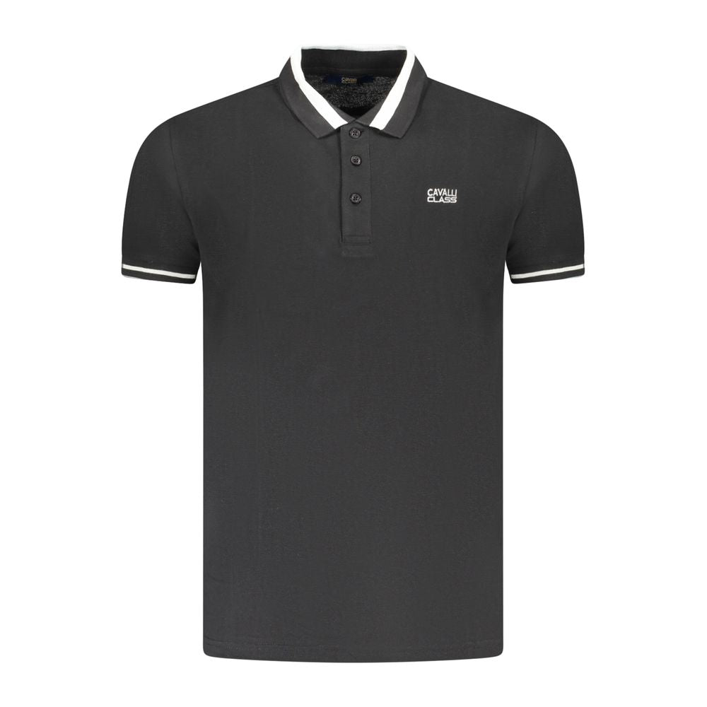 Polo Shirt by Cavalli Class for men in cotton black & signature presents a distinguished silhouette, showcasing a sophisticated and distinguished short-sleeve for a truly distinguished finish.