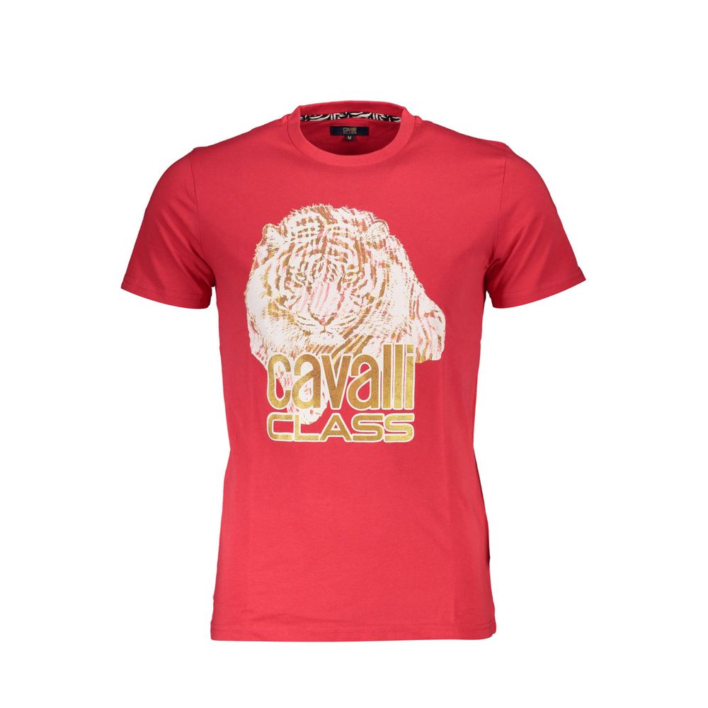T-Shirt by Cavalli Class for men in cotton red & print features a plush silhouette, showcasing a sophisticated and short-sleeve for a truly plush finish.