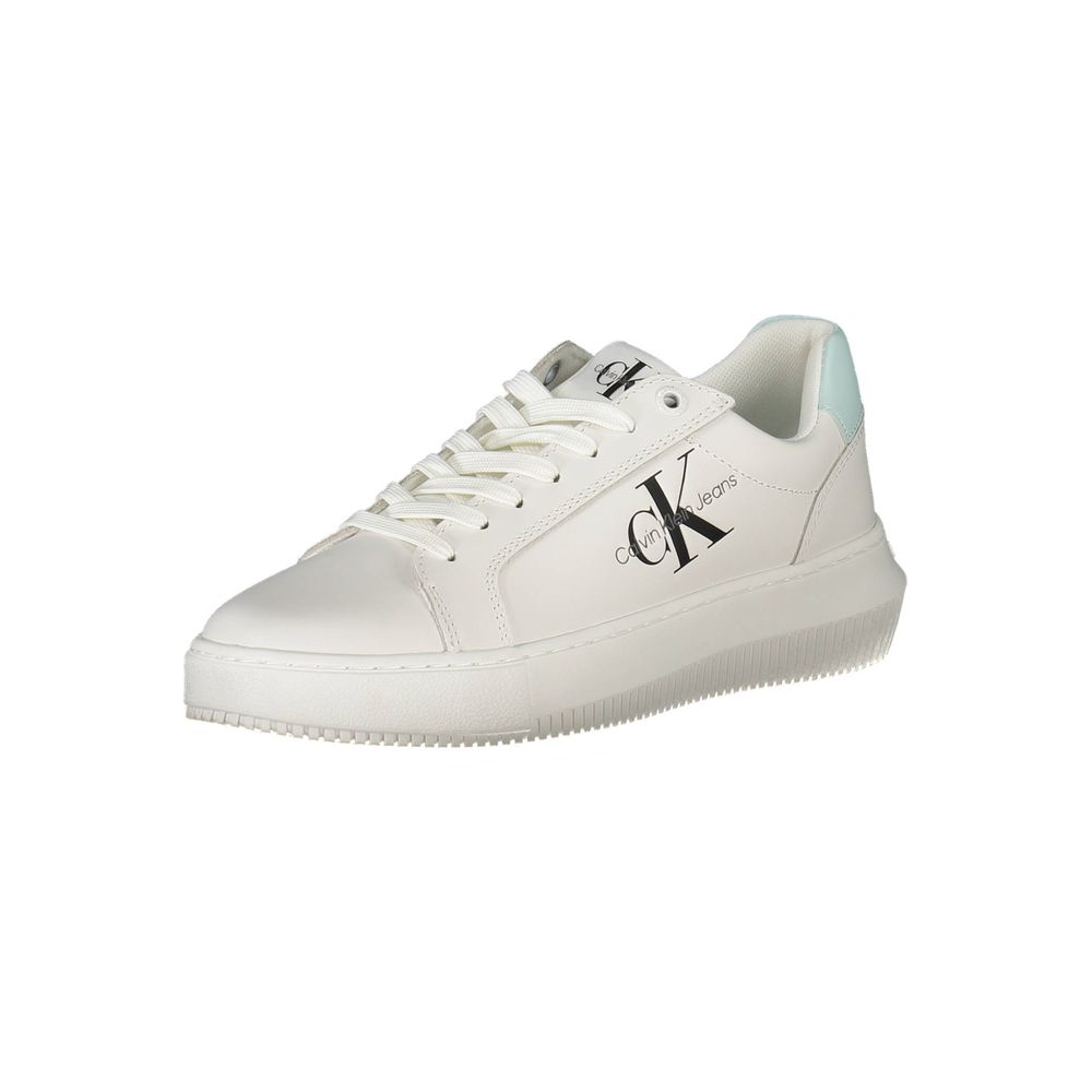 Athletic Sneakers by Calvin Klein for women in polyester polyethylene leather white showcases a architectural silhouette, artfully capturing the essence of the Women's Athletic Polyester Polyethylene Leather Sneakers with its signature architectural athletic style construction.