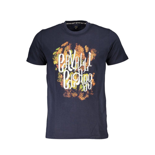 T-Shirt by Cavalli Class for men in cotton blue, signature & print features an edgy silhouette, meticulously detailed with a sophisticated short-sleeve and crew neckline for a truly edgy finish.