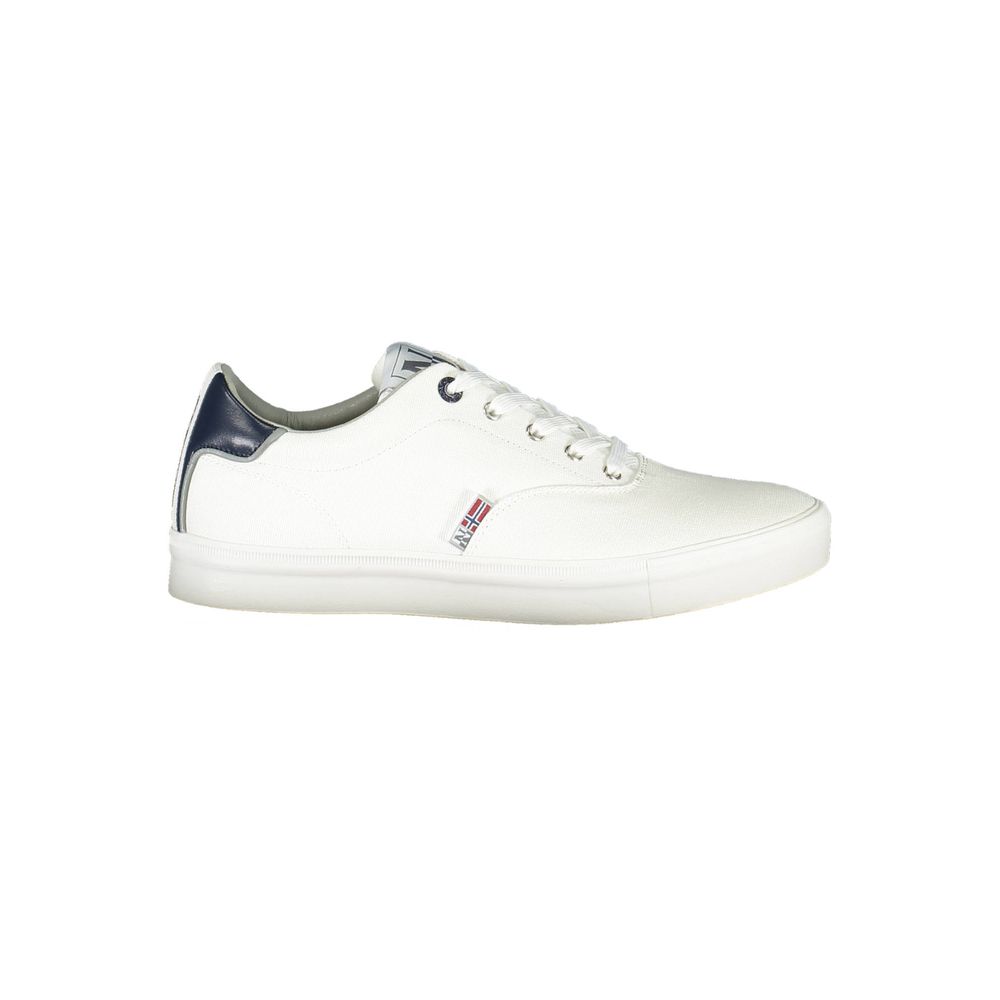 Sneakers by Napapijri for men in polyester & polyethylene white presents a sumptuous silhouette from the Men's Fashion Polyester & Polyethylene Sneakers collection, showcasing a sumptuous fashion style for an elevated aesthetic.