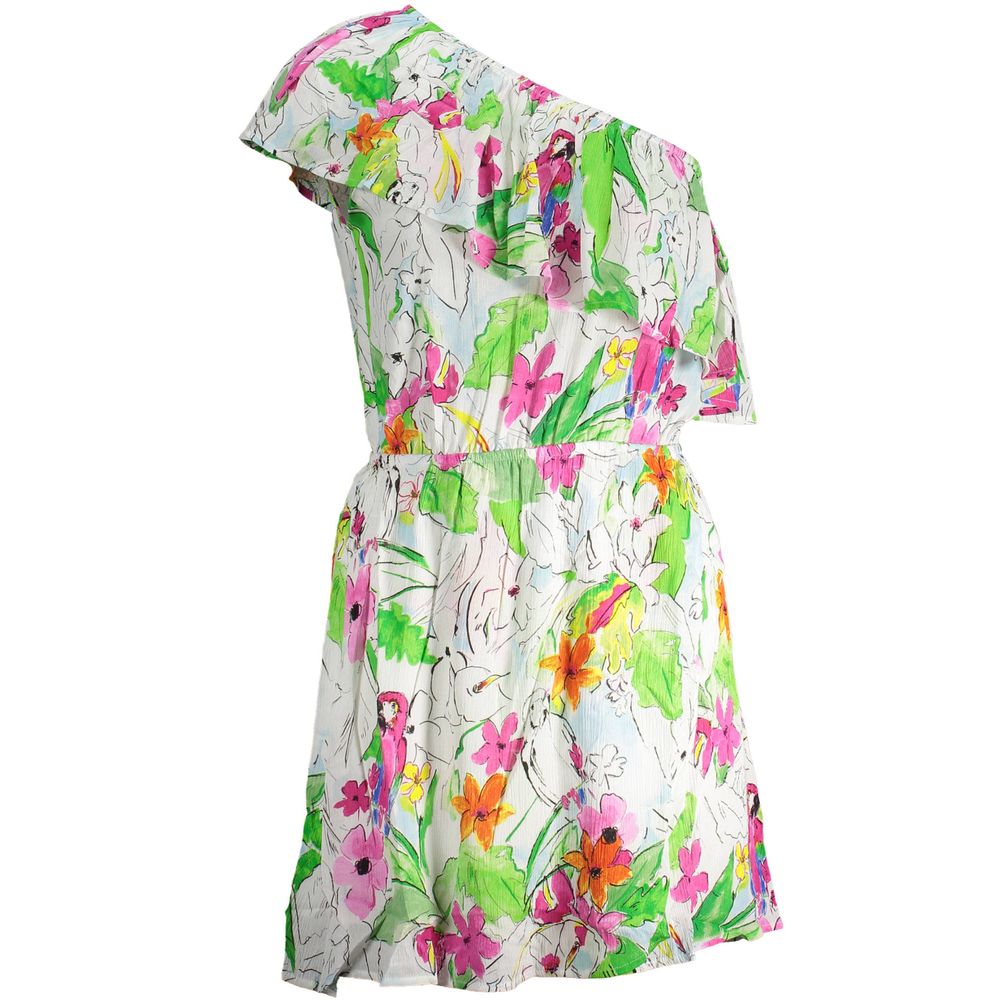 Dress by Desigual for women in viscose modacrylic white & patterned features an eye catching silhouette with a sophisticated , elegant , and a refined short for a eye catching aesthetic.