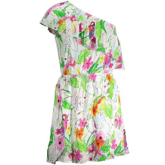 Dress by Desigual for women in viscose modacrylic white & patterned features an eye catching silhouette with a sophisticated , elegant , and a refined short for a eye catching aesthetic.
