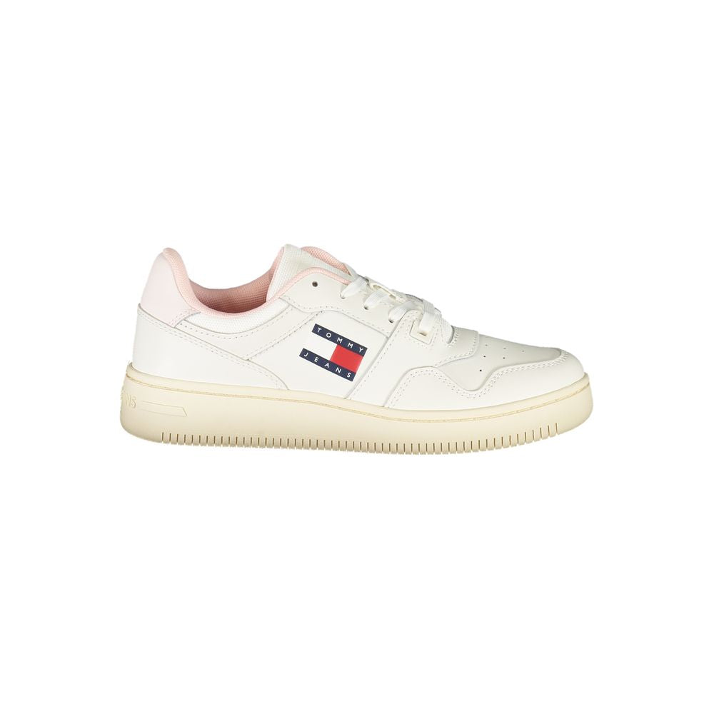 Sneakers by Tommy Hilfiger for women in polyester polyethylene leather pink & white presents a sumptuous silhouette, artfully capturing the essence of the Women's Fashion Polyester Polyethylene Leather Sneakers with its sumptuous fashion style design.