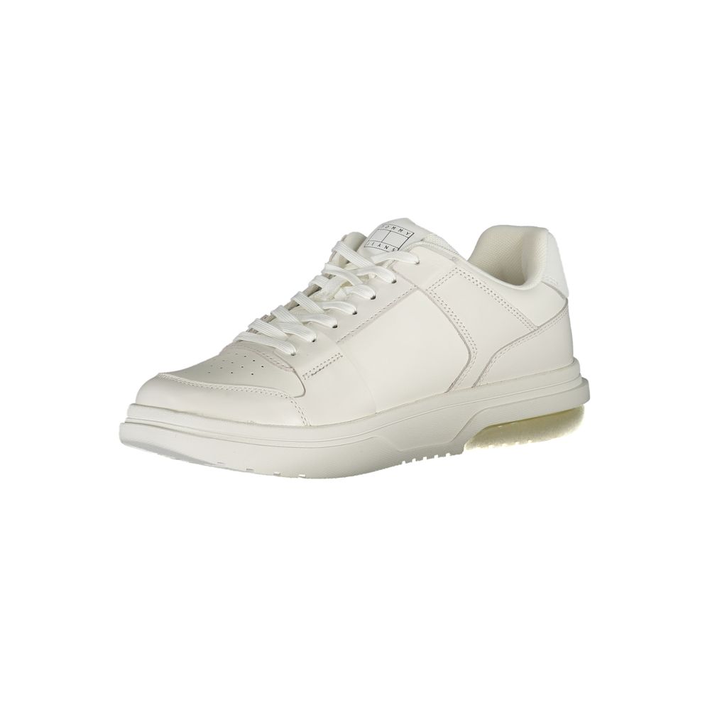 Athletic Sneakers by Tommy Hilfiger for men in polyester polyethylene leather white & print presents a sleek silhouette, perfectly capturing the athletic style essence of Men's Athletic Polyester Polyethylene Leather Sneakers with its sleek design and premium finish.