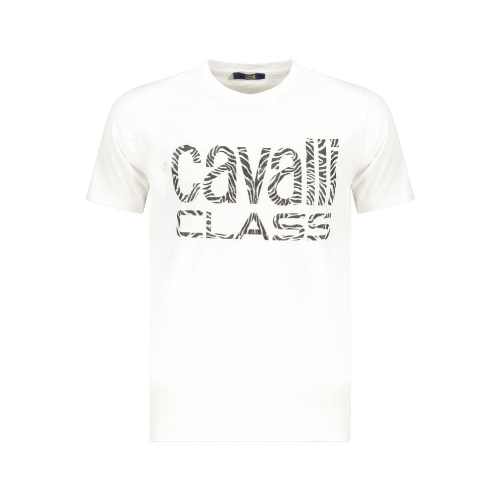 T-Shirt by Cavalli Class for men in cotton white & print features a plush silhouette, showcasing a sophisticated crew neckline and short-sleeve for a truly plush finish.