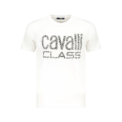 T-Shirt by Cavalli Class for men in cotton white & print features a plush silhouette, showcasing a sophisticated crew neckline and short-sleeve for a truly plush finish.