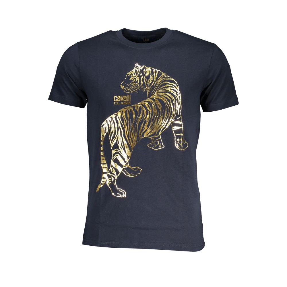 T-Shirt by Cavalli Class for men in cotton blue & print features a plush silhouette, showcasing a sophisticated crew neckline and for a truly plush finish.