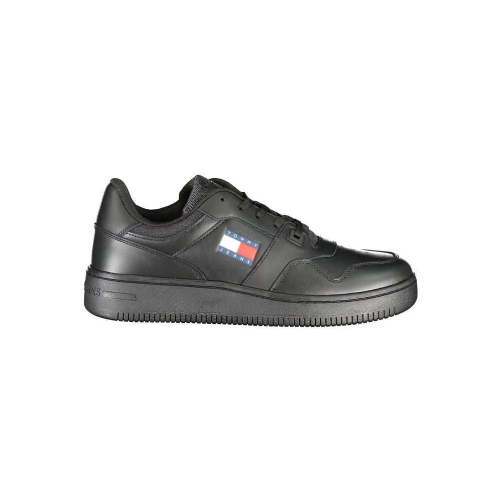 Athletic Sneakers by Tommy Hilfiger for men in polyester black & print showcases a architectural silhouette, artfully capturing the essence of the Men's Athletic Polyester Sneakers with its signature architectural athletic style construction.