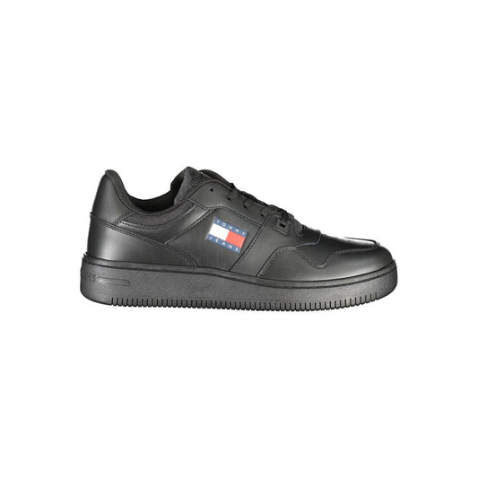 Athletic Sneakers by Tommy Hilfiger for men in polyester black & print showcases a architectural silhouette, artfully capturing the essence of the Men's Athletic Polyester Sneakers with its signature architectural athletic style construction.