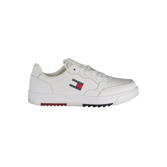 Sneakers by Tommy Hilfiger for men in polyester polyethylene leather white & print presents a sumptuous silhouette, artfully capturing the essence of the Men's Casual Polyester Polyethylene Leather Sneakers with its sumptuous casual style design.
