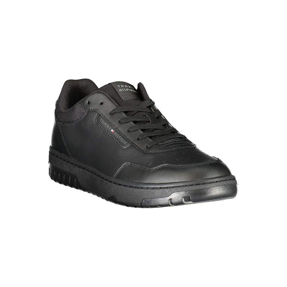 Athletic Sneakers by Tommy Hilfiger for men in leather black & print showcases a architectural silhouette, artfully capturing the essence of the Men's Athletic Leather Sneakers with its signature architectural athletic style construction.