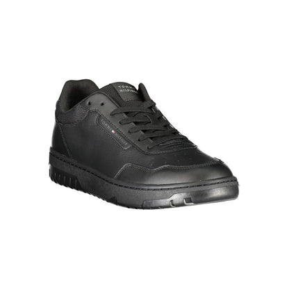 Athletic Sneakers by Tommy Hilfiger for men in leather black & print showcases a architectural silhouette, artfully capturing the essence of the Men's Athletic Leather Sneakers with its signature architectural athletic style construction.