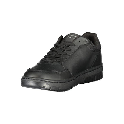 Athletic Sneakers by Tommy Hilfiger for men in leather black & print features an architectural silhouette, showcasing the premium athletic style of the Men's Athletic Leather Sneakers with an architectural finish.