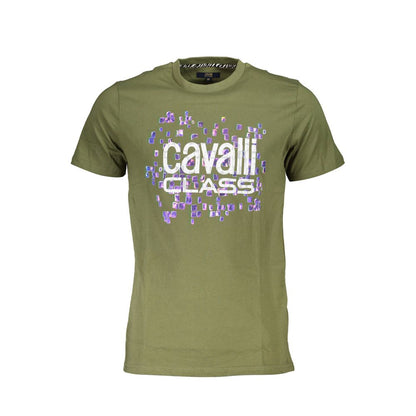 T-Shirt by Cavalli Class for men in cotton green & print showcases a unassuming silhouette, artfully detailed with a refined and unassuming for a sophisticated, contemporary look.