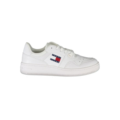 Sneakers by Tommy Hilfiger for women in polyester polyethylene leather white & signature features an opulent silhouette from the Women's Casual Polyester Polyethylene Leather Sneakers collection, showcasing a signature casual style with an opulent finish.