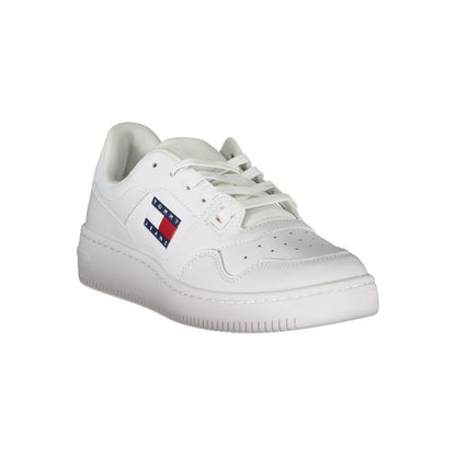 Sneakers by Tommy Hilfiger for women in polyester polyethylene leather white & signature presents a sumptuous silhouette, artfully capturing the essence of the Women's Casual Polyester Polyethylene Leather Sneakers with its sumptuous casual style design.