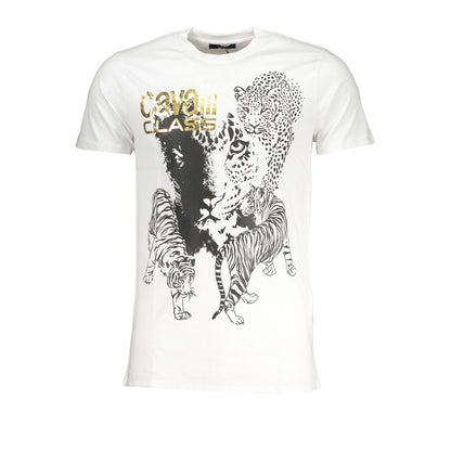 T-Shirt by Cavalli Class for men in cotton white & print features an edgy silhouette, meticulously detailed with a sophisticated and crew neckline for a truly edgy finish.