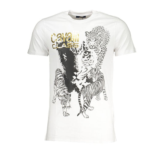 T-Shirt by Cavalli Class for men in cotton white & print features an edgy silhouette, meticulously detailed with a sophisticated and crew neckline for a truly edgy finish.