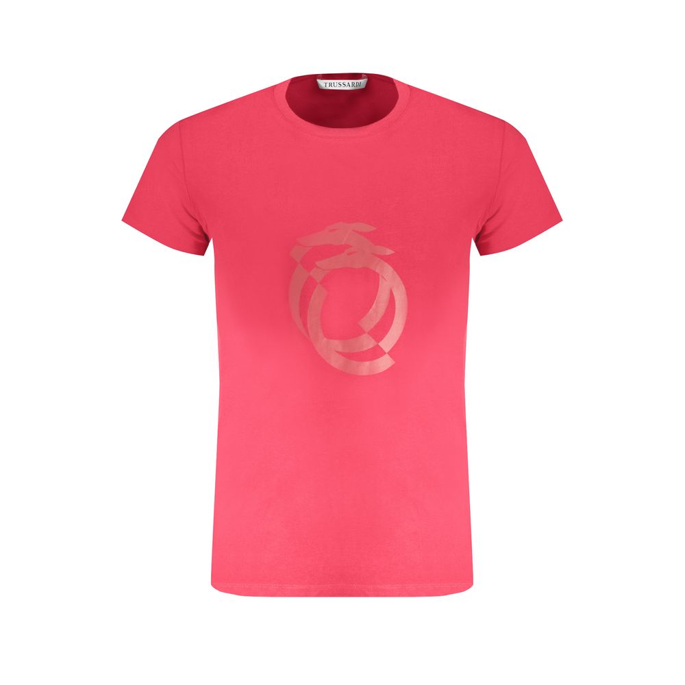 T-Shirt by Trussardi for men in cotton red & print showcases a dramatic silhouette, elegantly detailed with a dramatic crew neckline and for a truly dramatic finish.